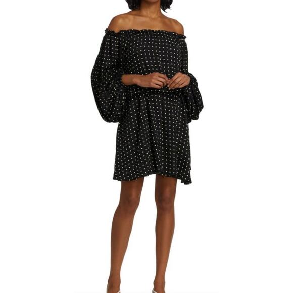 Rotate Birger Christensen Carly Dress Size 8 Black Polka Dot Off The Shoulder - Picture 1 of 16